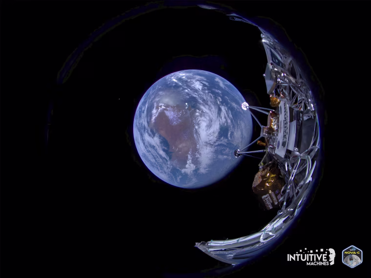 Odysseus lunar lander with the Earth in the background on Feb. 16, 2024.