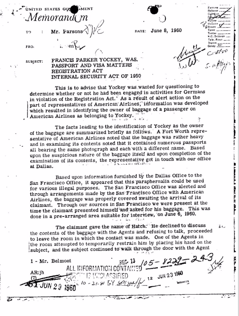 FBI memo detailing the capture and arrest of Francis Parker Yockey in Oakland, California, June 1960