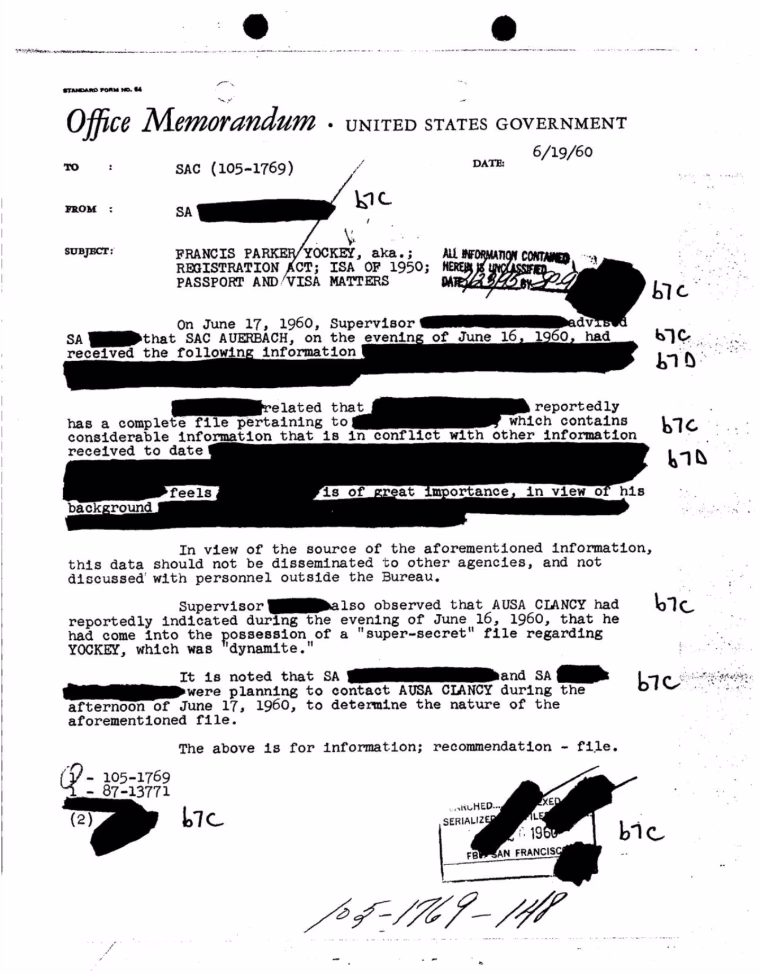 Heavily redacted FBI memo on Francis Yockey, indicating that the U.S. government maintained \"a 'super-secret' file regarding Yockey, which was 'dynamite.'\"