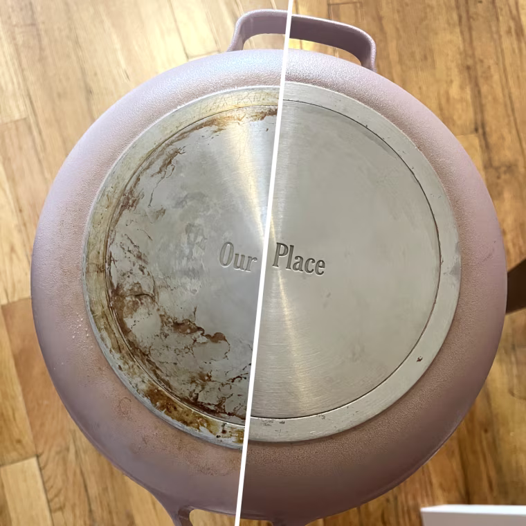 Bar Keepers Friends cleaned the stains off the bottom an old pan.