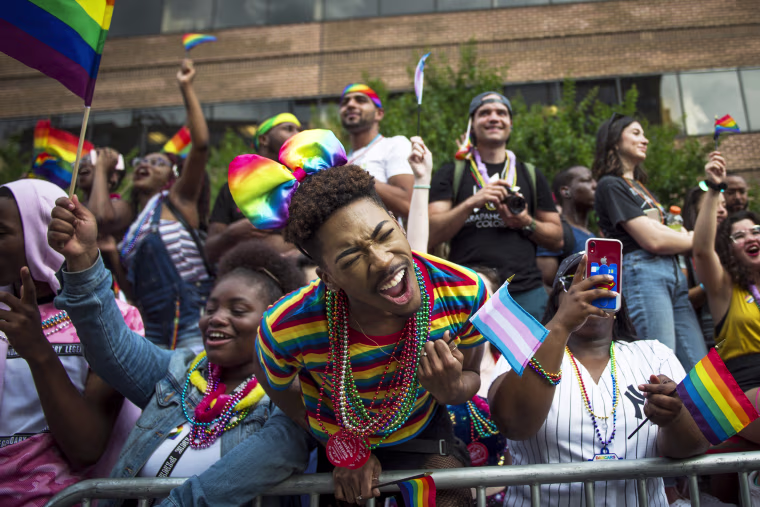A crowd of people cheer on those participating in the 50th annual Pride parade in Washington on June 8, 2019.