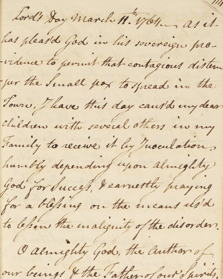 An extract from the 18th century diary by the Rev. Ebenezer Storer, during a period of smallpox, in Boston.