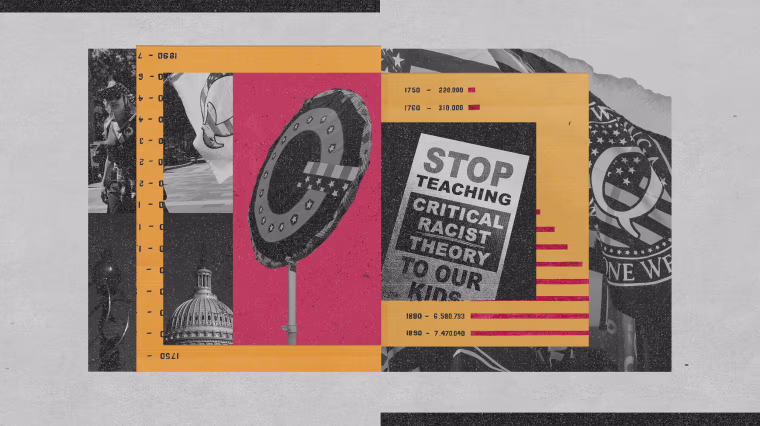 Photo collage of Qanon flags and signage, the Capitol in Washington, and an anti-Critical Race Theory protest sign.
