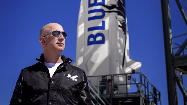 Jeff Bezos, founder of Blue Origin, inspects New Shepard’s West Texas launch facility before the rocket’s maiden voyage.