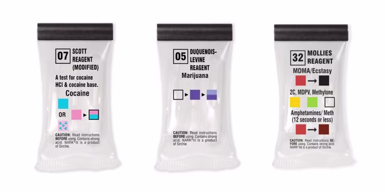 Image: Three drug testing kits, labelled as Scott Reagent (modified) Cocaine, Duquenois-Levine Reagent Marijuana and Mollies Reagent MDMA/Ecstasy.