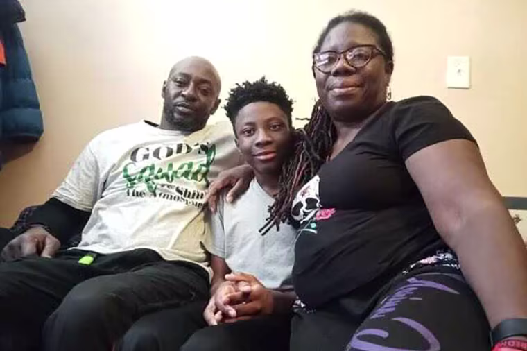 Image: Amanda Kamara on the right, her husband Keith Lewis and their 13-year-old son Kevon Kamara-Lewis.