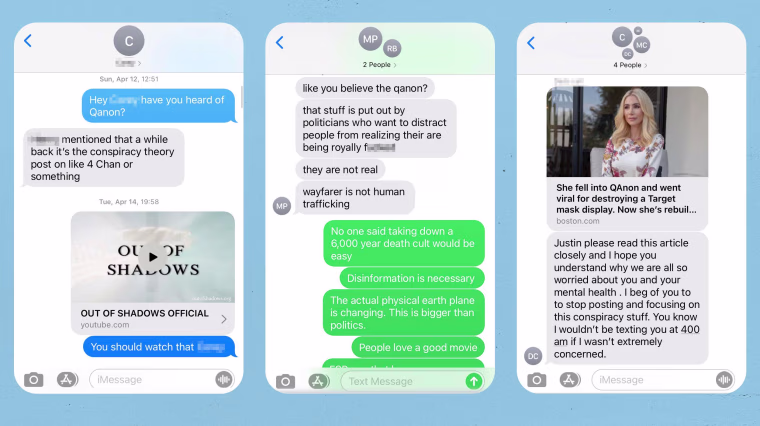Image: Texts Justin exchanged with family and friends about Q-Anon.