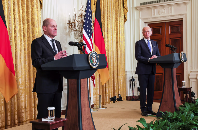 Image: President Joe Biden holds a joint news conference with German Chancellor Olaf Scholz at the White House on Feb. 7, 2022.