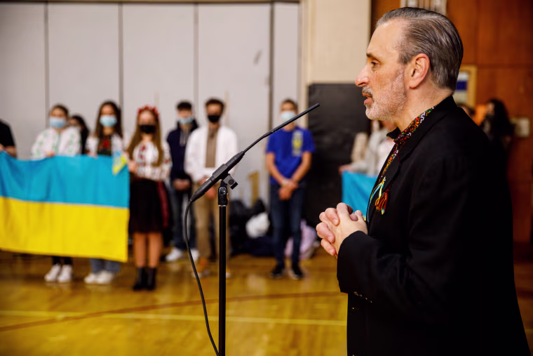 Ivan Makar, the principal of Self-Reliance School of Ukrainian Studies, leads an assembly about the crisis in Ukraine on Feb. 26, 2022, in New York.