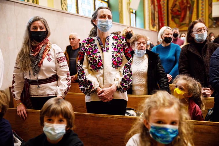 People attend a prayer service for Ukraine at St. George Ukrainian Catholic Church on Feb. 26, 2022, in New York.