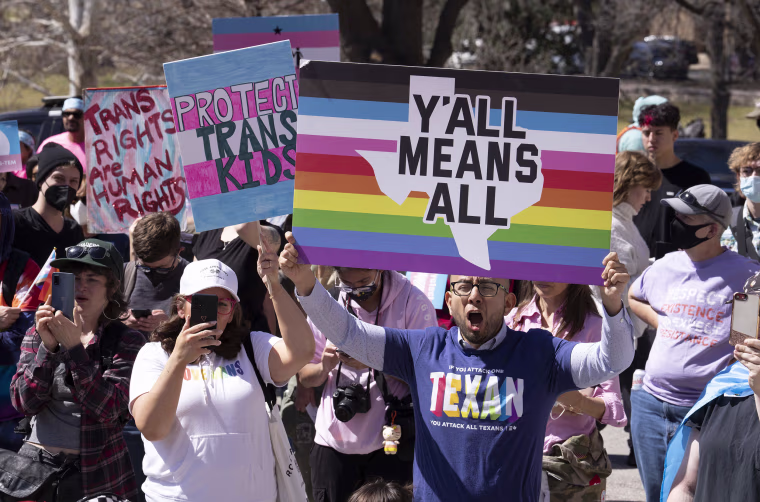 Texas transgender youth, their loved ones and families rally at the State Capitol in Austin decrying Governor Greg Abbott's directive to state health agencies to investigate gender-affirming care to transgender youth as child abuse. This comes after the state legislature restricted transgender schoolchildren in sports activities. Many licensed health care providers have pushed back on the governor's directive.