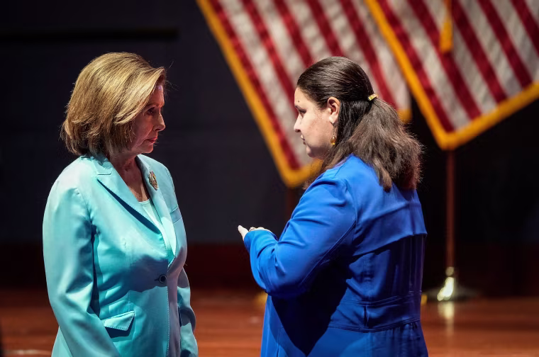 Image: U.S. Speaker of the House Nancy Pelosi talks to Ukrainian Ambassador to the U.S. Oksana Markarova before Ukrainian President Volodymyr Zelenskyy virtually addresses U.S Congress at the Capitol on March 16, 2022.
