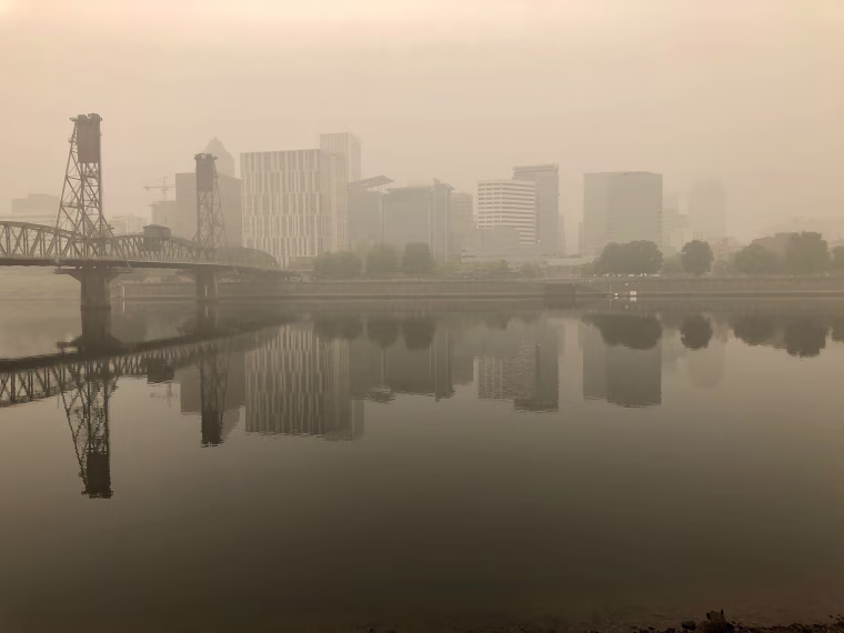 A think blanket of smoke from wildfires covers downtown Portland, Ore., on Sept. 14, 2020. 