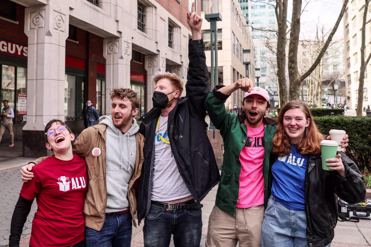 Image: Amazon.com Inc workers react to the outcome of the vote to unionize, in Brooklyn