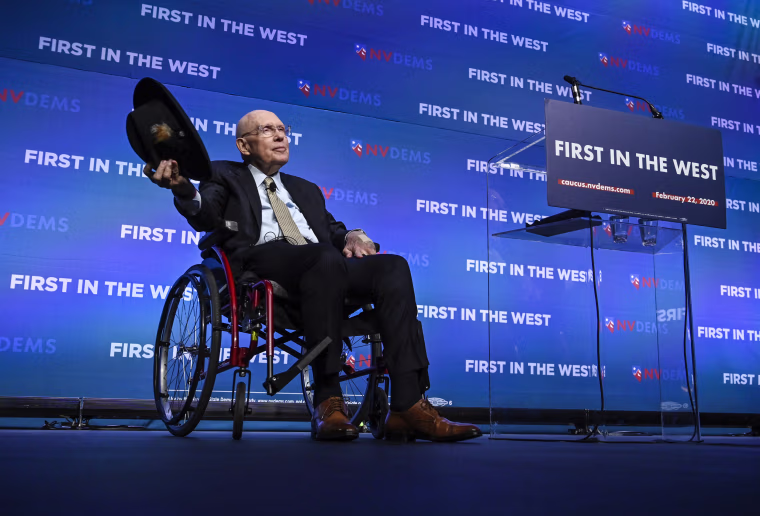 Former Senate Majority Leader Harry Reid acknowledges the audience during the Nevada Democrats' "First in the West" event at Bellagio Resort & Casino on Nov. 17, 2019 in Las Vegas.
