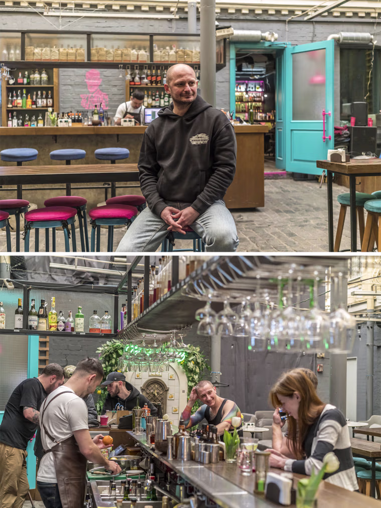 Vitaliy Kirochenko, top, a co-owner of Pink Freud, a cocktail bar that has become a center for volunteer work in Kyiv.