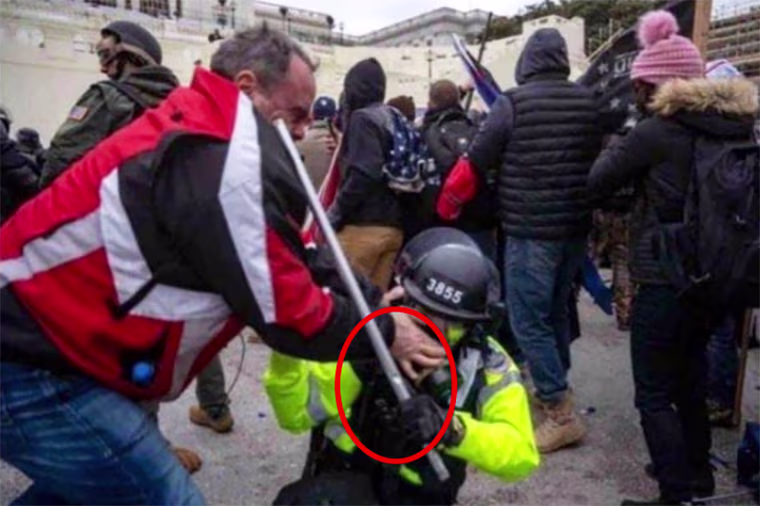 According to a DOJ court filing, Thomas Webster appears to assault a federal officer with a deadly weapon outside the U.S. Capitol on Jan 6, 2021.