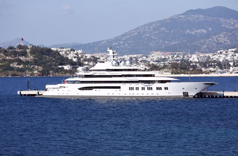 Image: The Amadea anchored at a pier in Pasatarlasi on Feb. 18, 2020 in Bodrum, Turkey.
