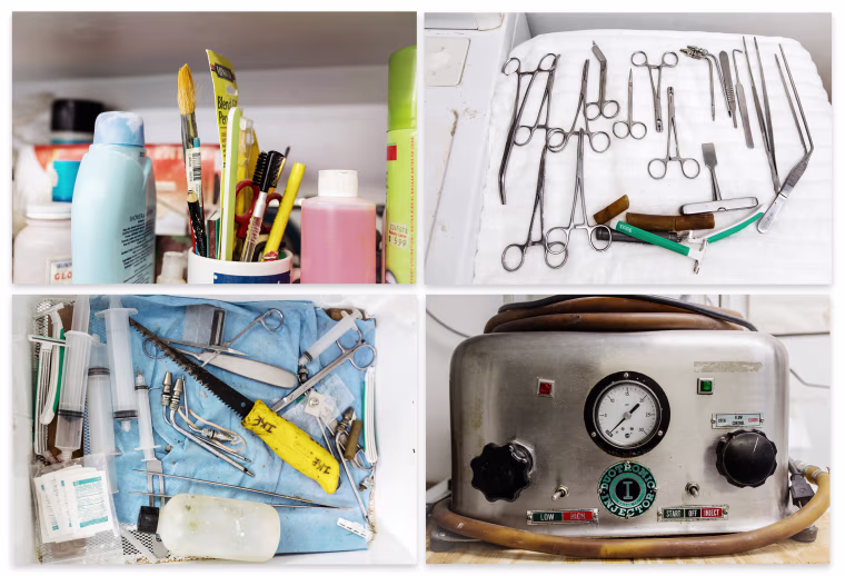 Image: Restoration tools, including embalming equipment, bottom right, at Hari P. Close Funeral Service in Baltimore.