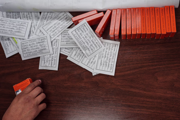 Image: Doses of Mifepristone, the abortion pill, and Misoprostol, which is taken the day after to cause cramping and bleeding to empty the uterus, at a clinic in Santa Teresa, N.M. on May 7, 2022.