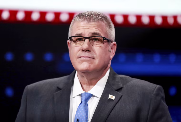 Republican candidate for Illinois governor Darren Bailey prepares for a debate in Chicago on May 24, 2022.