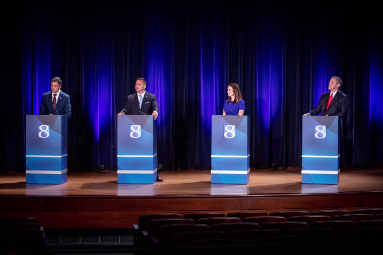 Michigan's Republican candidates for governor Ryan Kelley, left, Garrett Soldano, Tudor Dixon and Kevin Rinke during a debate on July 6, 2022 in Grand Rapids, Mich.