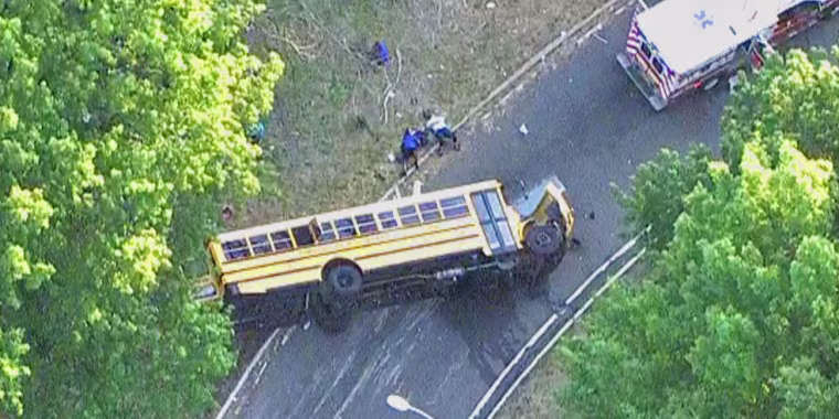 A school bus carrying 37 people flipped over on the Hutchinson River Parkway in Bronx, N.Y. 