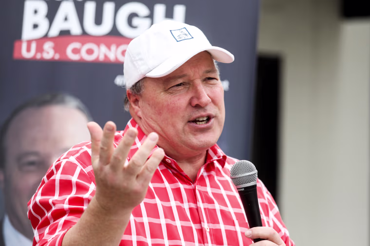 Scott Baugh speaks to supporters at his campaign kickoff event on April 2, 2022, in Newport Beach, Calif.