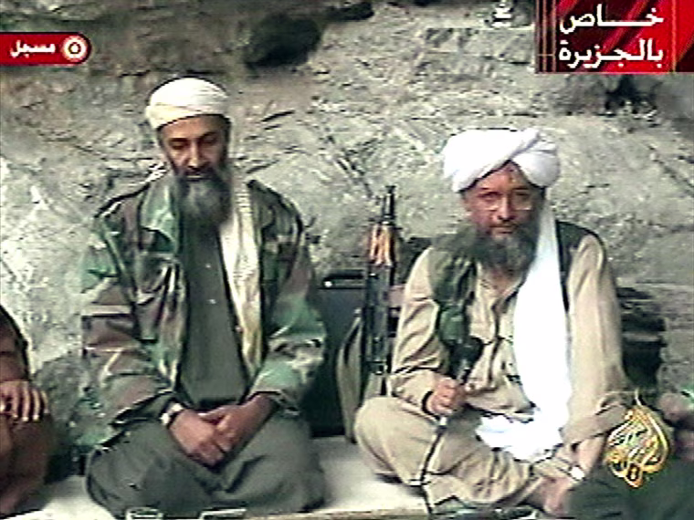 Osama bin Laden and Ayman al-Zawahiri speak on Al-Jazeera television in October 2001 against U.S. attacks on the Taliban regime in Afghanistan. 