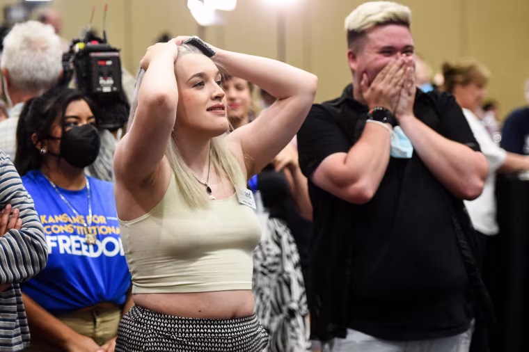 Abortion rights supporters react to their county voting against the proposed constitutional amendment that, if passed, would have removed abortion protections in Overland Park, Kansas, on Aug. 2, 2022.