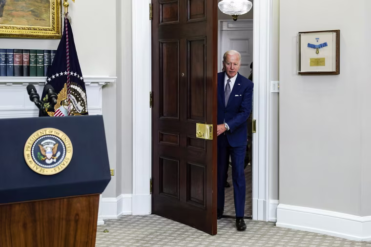 President Joe Biden arrives to speak in the Roosevelt Room of the White House on July 8, 2022.