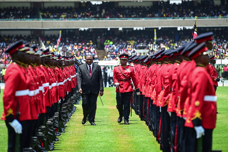 Image: Outgoing Kenyan President Uhuru Kenyatta inspects a guard of honor at the Moi International Sports Center Kasarani in Nairobi, Kenya, on Sept. 13, 2022 ahead of William Ruto inauguration ceremony.