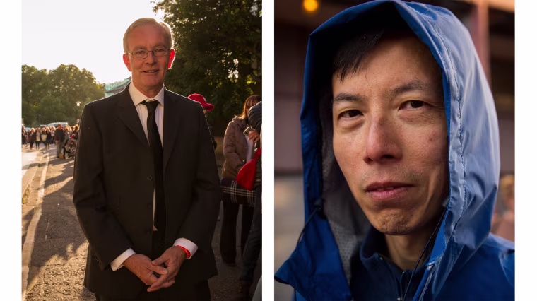 Image: Simon Wilkinson, 62, left, has been in line for 30 minutes and has been told he may have 25 hours to wait. Alan Pun, 49, has been waiting for 40 minutes and may have to wait 15-25 hours. Both men are about 5 miles from the palace in Bermondsey.
