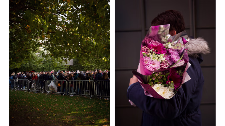 Image: The line of mourners near the Palace of Westminster, left; Sally Sommer, right, has been waiting about two hours and unsure how much longer she'll be on line. Sommer is almost four miles from the Palace.