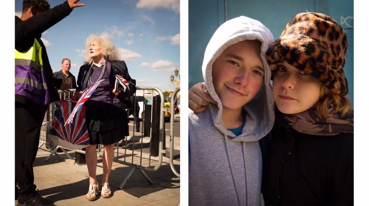 Along the line to see the queen lying in state at Westminster Palace. Shawn Willis and Olivia Maddock, right, joined the line at 3 a.m. and believe they have four to five hours remaining before reaching Westminster Palace and the queen.