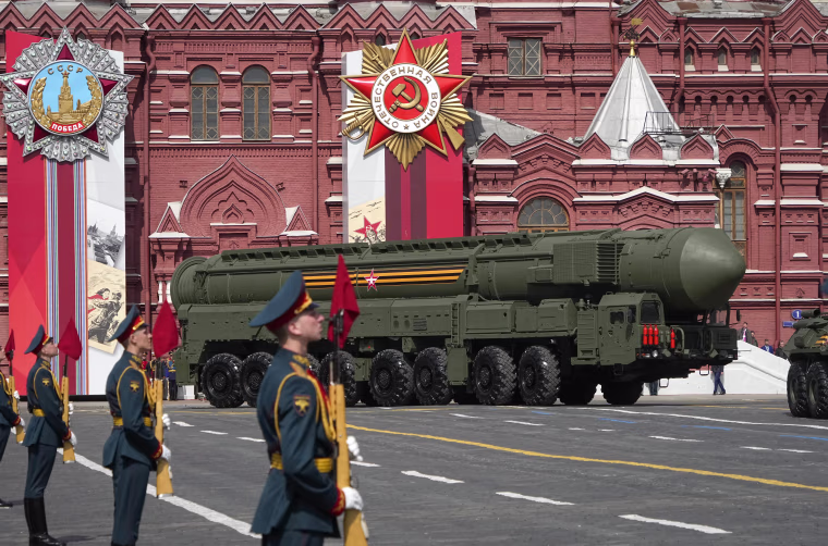A ballistic missile rolls in Red Square during a rehearsal for the Victory Day military parade in Moscow on May 7. The Kremlin often uses the occasion to showcase its military and nuclear might.