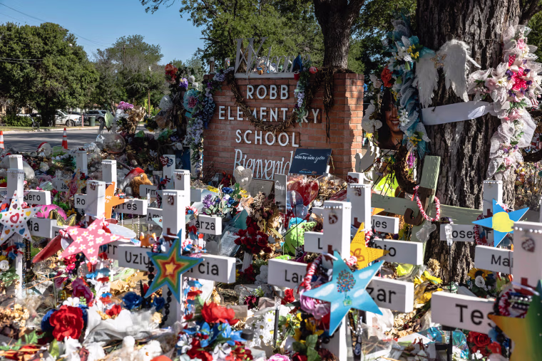 The memorial at Robb Elementary School on June 24, 2022 in Uvalde, Texas.