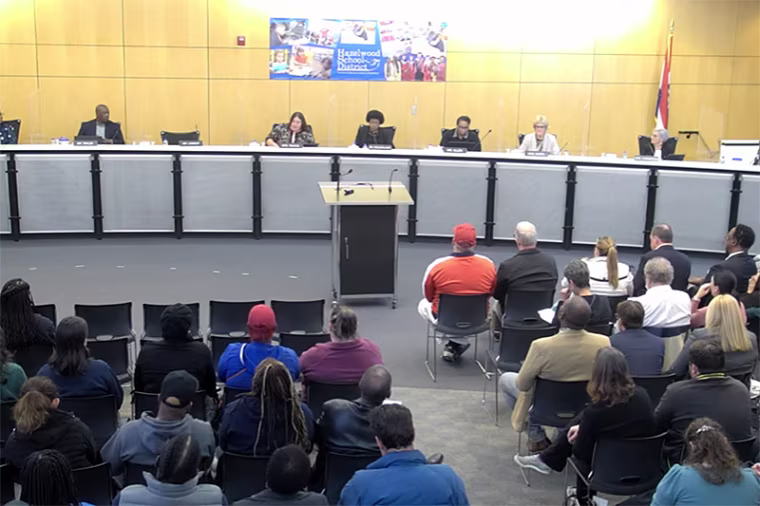 The Hazelwood School District board meets in Florissant, Mo., on Tuesday.