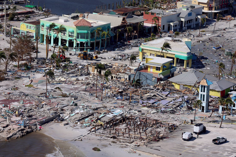 Destroyed building and debris in Fort Myers Beach after the passage of Hurricane Ian.