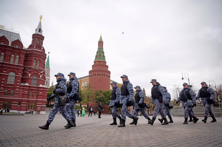 Members of the Russian National Guard  secure the area around the Kremlin in Moscow on Oct. 20, 2022. 