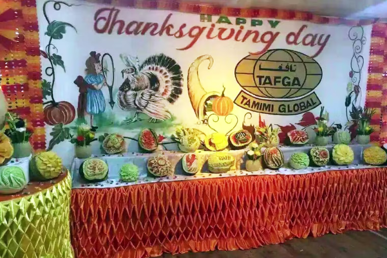 A Thanksgiving display at Camp Buehring in Kuwait made by Tamimi dining workers.