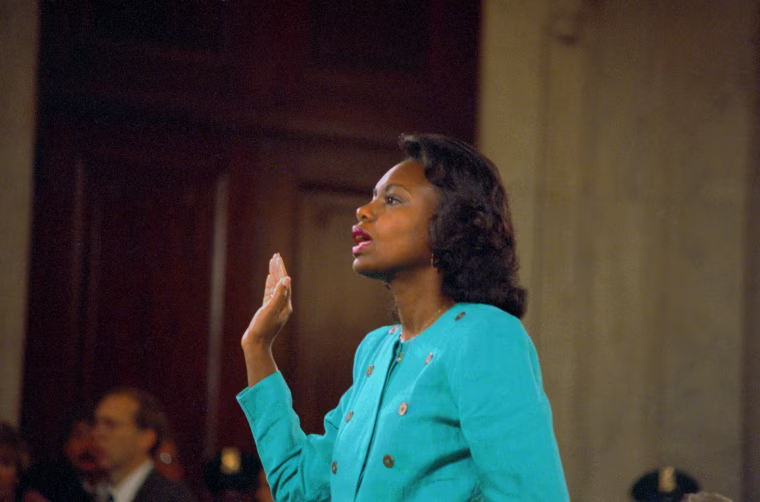Anita Hill is sworn-in before testifying at the Senate Judiciary hearing on the Clarence Thomas Supreme Court nomination in Washington, D.C. on Oct. 12, 1991.