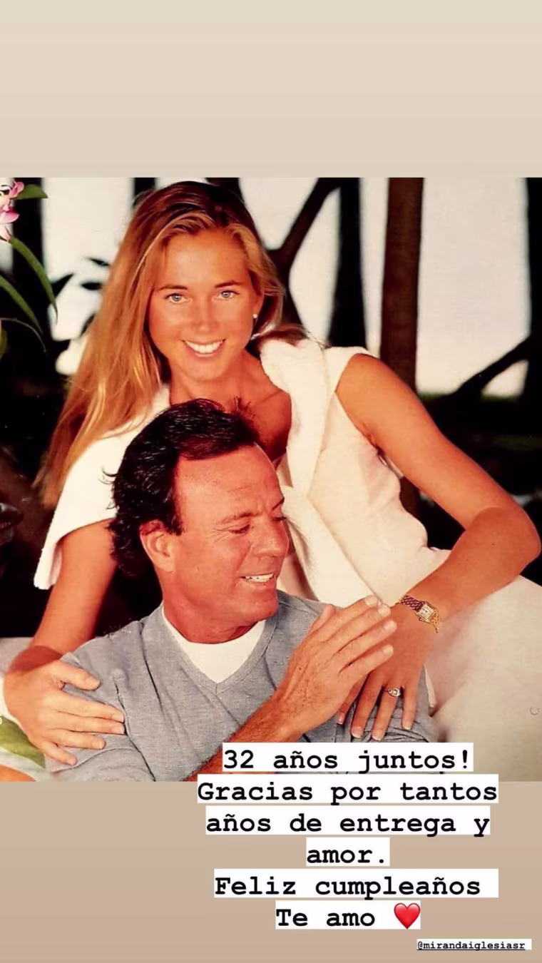 Julio Iglesias da una felicitación a su esposa Miranda Rijnsburguer en su aniversario 32.