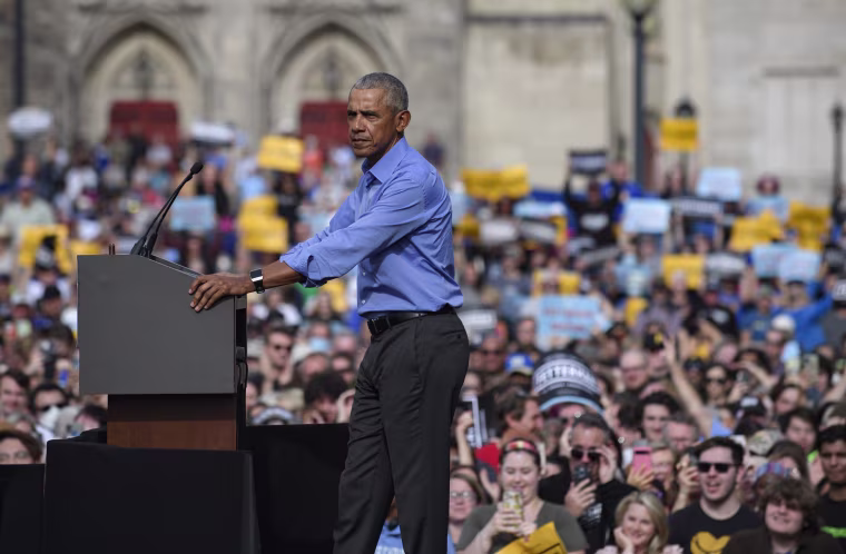 Former President Barack Obama speaks to supporters of Pennsylvania Senate candidate John Fetterman in Pittsburgh on Saturday.