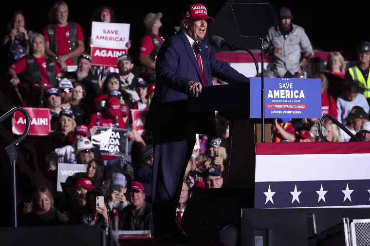 Former President Donald Trump speaks during a rally for Senate candidate Mehmet Oz at the Arnold Palmer Regional Airport November 5, 2022 in Latrobe, Pa.