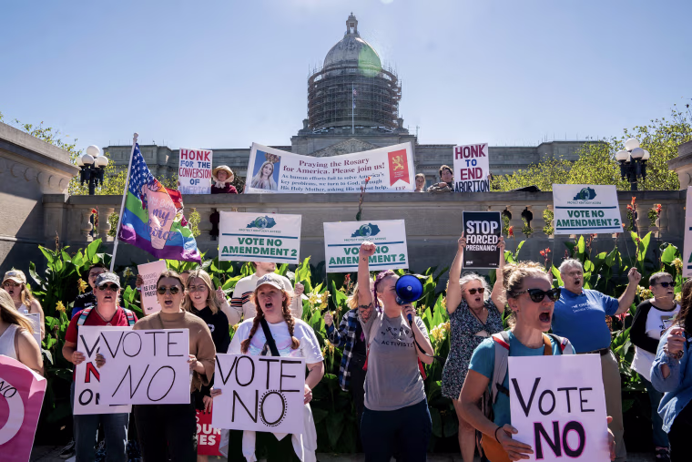 Image: Anti-abortion activists rally in front of the Kentucky State Capitol in Frankfort, Ky. on October 1, 2022. 