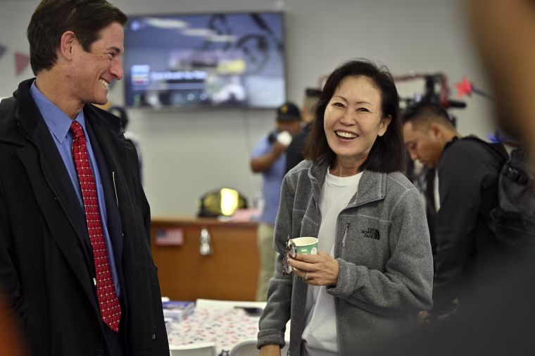 Nathan Hochman, left, and Michelle Steel in Buena Park