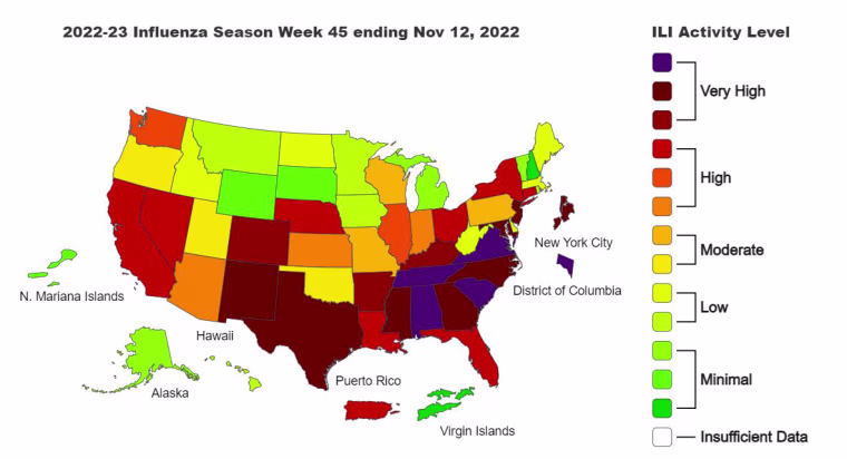 A U.S. map with flu activity by state for week ending Nov. 12, 2022.
