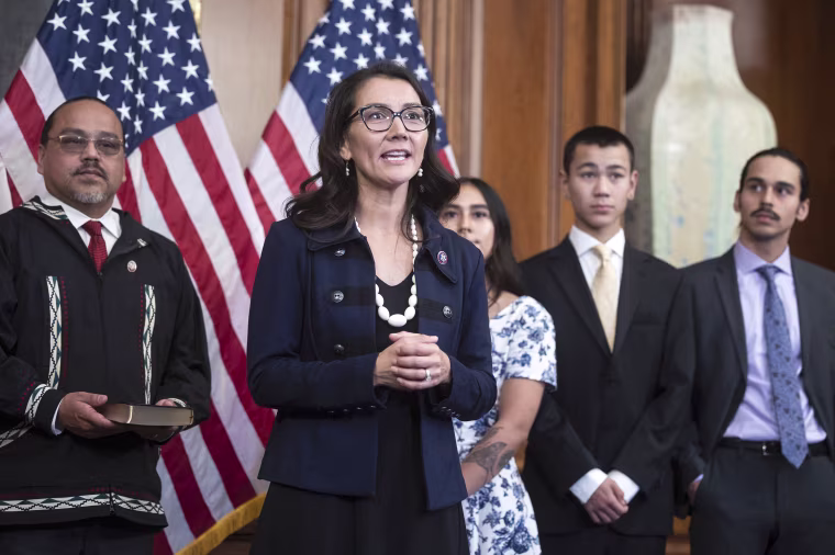 Rep. Mary Peltola (D-Alaska) takes part in her ceremonial swearing-in alongside family members at the U.S. Capitol Sept. 13, 2022.