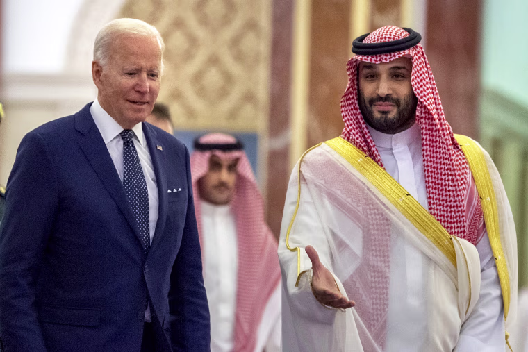 Saudi Crown Prince Mohammed bin Salman welcomes President Joe Biden to Al-Salam Palace in Jeddah, Saudi Arabia, on July 15, 2022.